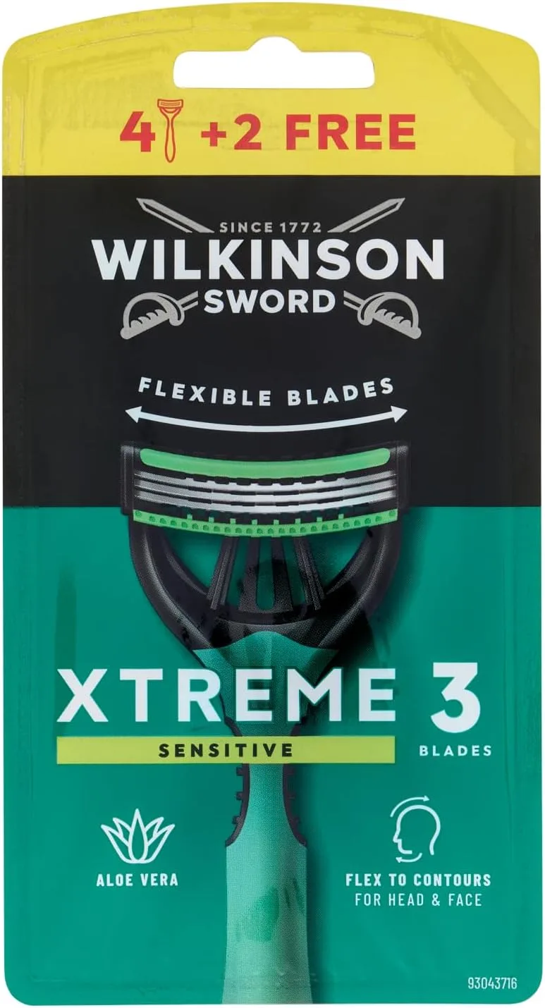 Wilkinson Sword ▫️ Xtreme 3 Sensitive - Lâminas de barbear descartáveis com 3 lâminas flexíveis e faixa lubrificante com aloé vera e vitamina E, embalagem promocional de 4 + 2 unidades