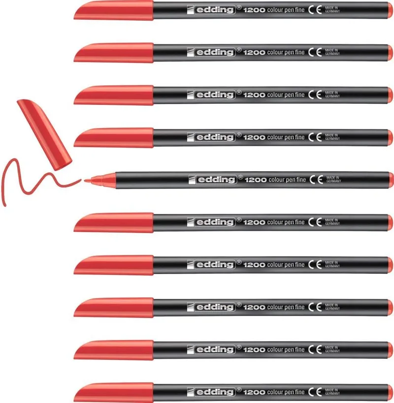 Edding ▫️ 1200-002 - Caixa com 10 marcadores 1200 com ponta de fibra - 1 mm - Vermelho