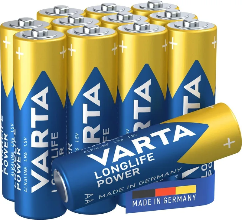 Varta ▫️ Pilha Longlife Power AA LR6 (embalagem de 12), pilha alcalina - "Made in Germany" - Adequada para brinquedos, lanternas, controlos remotos e outros dispositivos alimentados a pilhas