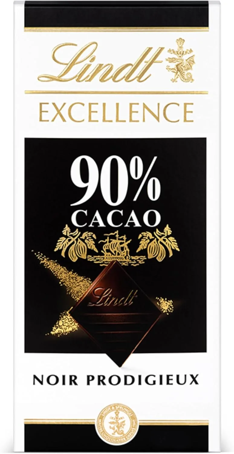 Lindt ▫️ Chocolate EXCELLENCE 90% Cacau, barra de chocolate puro, chocolate preto suave e aromático, extra fino, intenso e equilibrado, 100g
