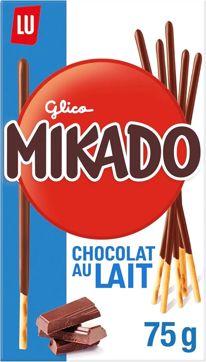 Mikado ▫️ LU, palitos de bolacha crocantes, com cobertura de chocolate de leite, 75 g