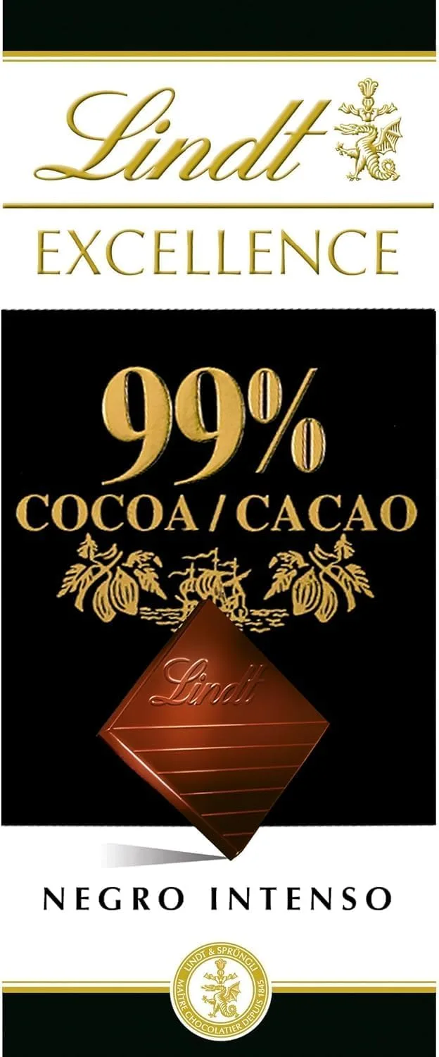 Lindt Chocolate EXCELLENCE 99% cacau, barra de chocolate puro, chocolate preto aromático, extra fino, intenso e equilibrado.