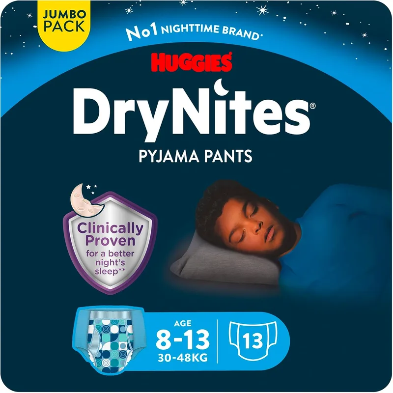 HUGGIES ▫️ DryNites Cuecas absorventes para meninos dos 8 aos 13 anos (30-48 kg), clinicamente testadas com 5 camadas de máxima proteção noturna, 13 fraldas noturnas