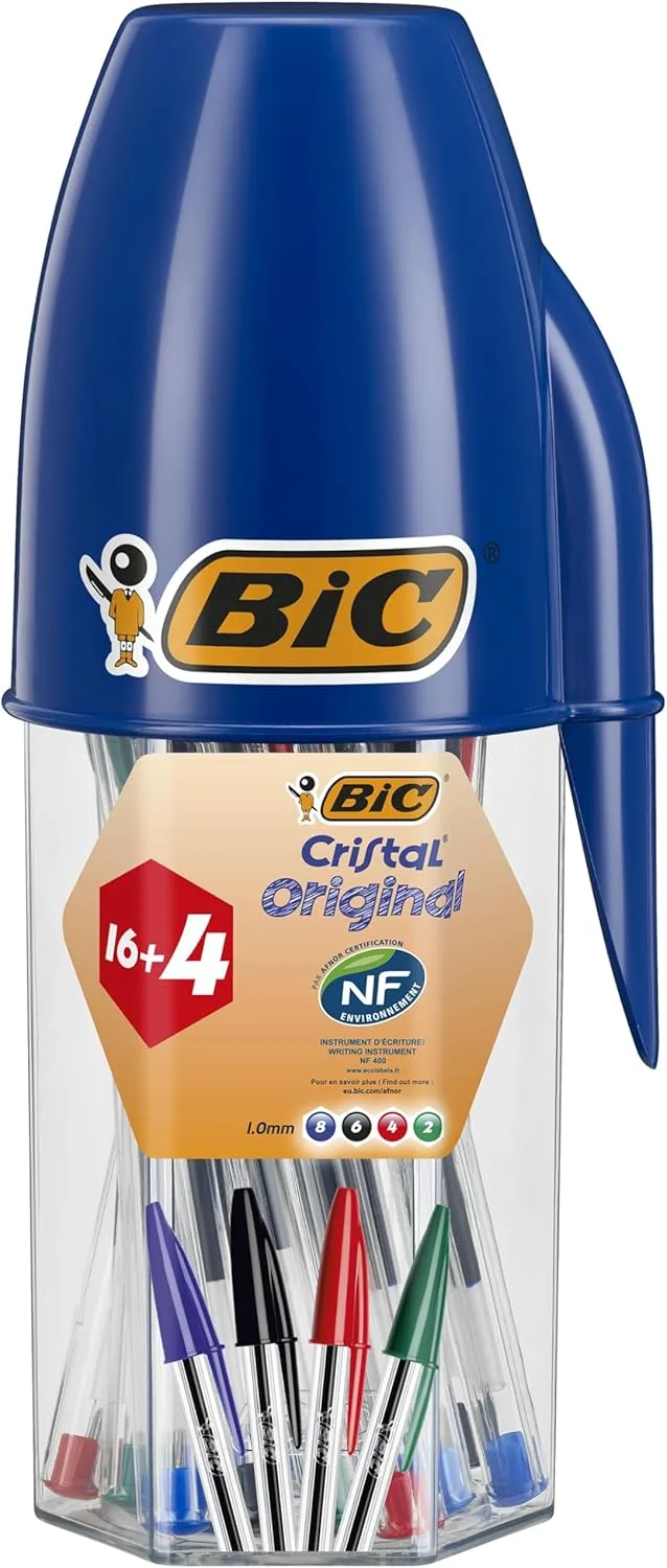BIC ▫️ Esferográficas Cristal Original Ponta Média (1,0mm) Cores Sortidas, Material de Escritório e Escolar, Tubo com 20 unidades (16+4 grátis)
