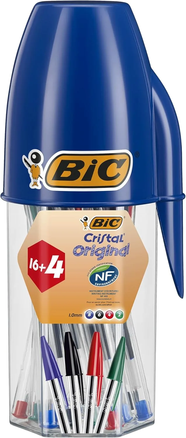 BIC ▫️ Canetas esferográficas Cristal Original, ponta média (1,0 mm), cores sortidas, material de escritório e escolar, embalagem de 20 unidades (16 + 4 grátis)