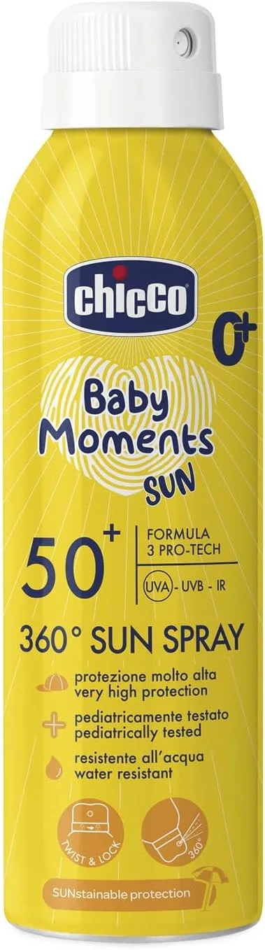 Chicco ▫️ Spray solar com proteção FPS 50+ para crianças, resistente à água, fácil de aplicar com sistema dispensador de 360°, proteção contra os raios UVA, UVB e infravermelhos, a partir dos 0 meses, 150 ml