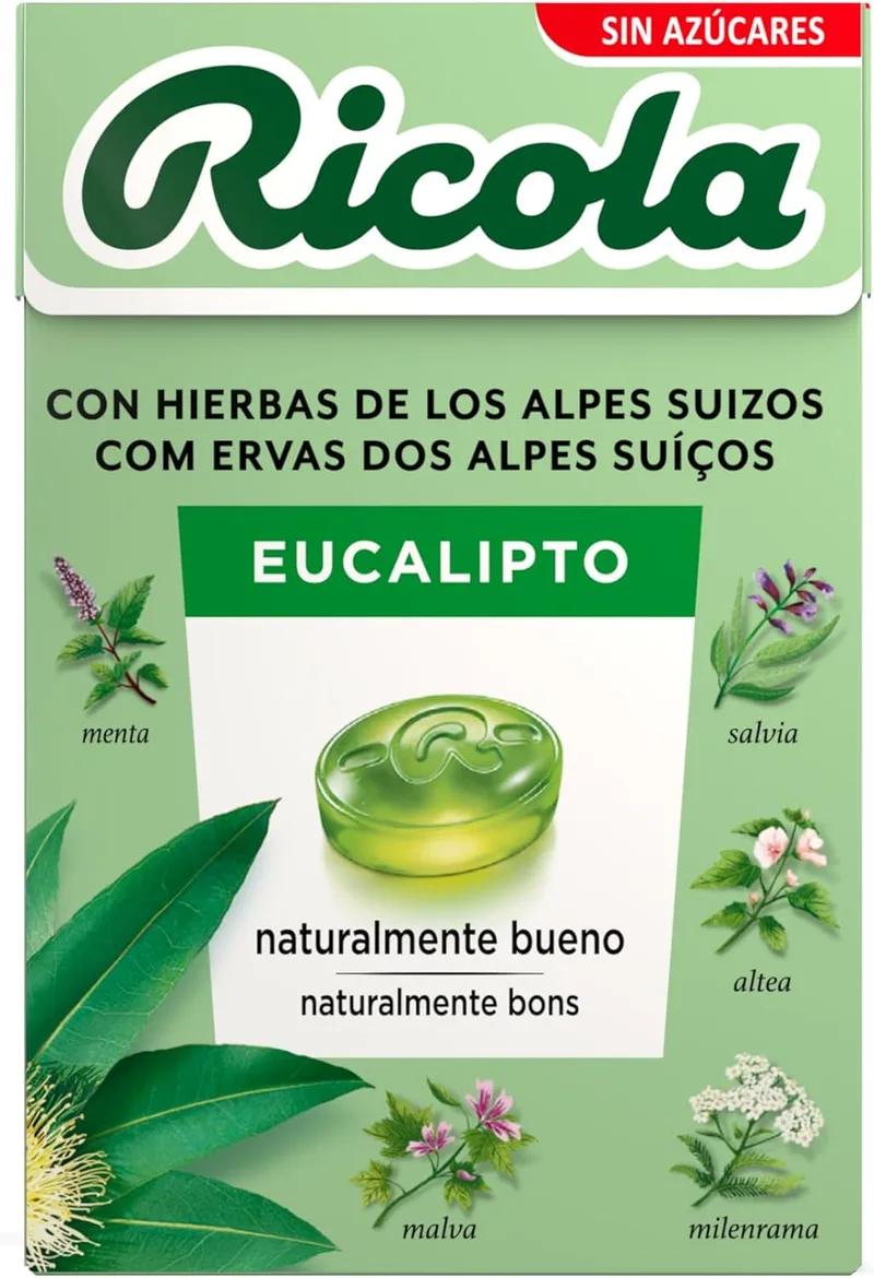 Ricola ▫️ Eucalipto, Rebuçados Duros Sem Açúcar, Refrescam, Aliviam a Garganta e Facilitam a Respiração, com Óleos Essenciais de Menta e Eucalipto e 13 Ervas Suíças, com Edulcorantes - Caixa de 50 g