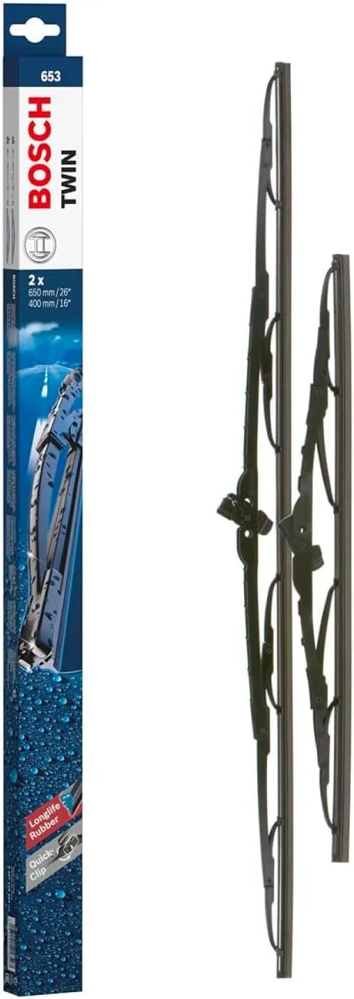 Bosch ▫️ Twin 653 Limpa-para-brisas dianteiro - Conjunto de escovas de substituição para uma maior segurança na condução, com adaptador Quick-Clip pré-montado, 65 cm/40 cm