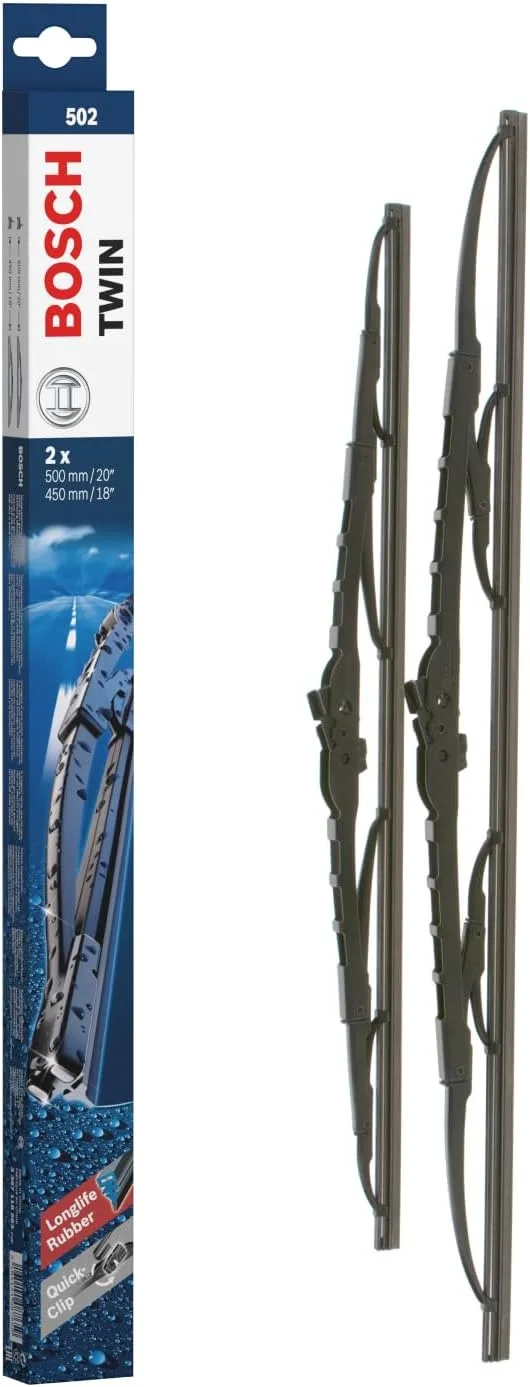 Bosch ▫️ Twin 502 Limpa-para-brisas dianteiro - Conjunto de escovas de substituição para uma maior segurança na condução, com adaptador Quick-Clip pré-montado, 50 cm / 45 cm