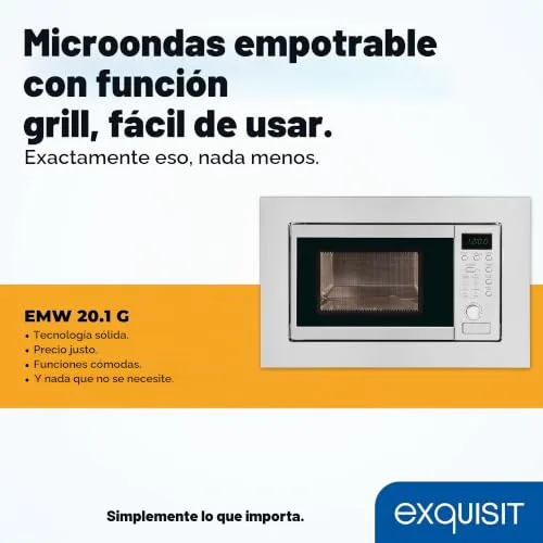 Exquisit ▫️ Micro-ondas de encastrar 20 L, 800 W, grelha de 1000 W, acabamento em aço inoxidável, temporizador digital, luz interior, prato de 24,5 cm, dimensões 35,5 x 46,5 x 34 cm. 2