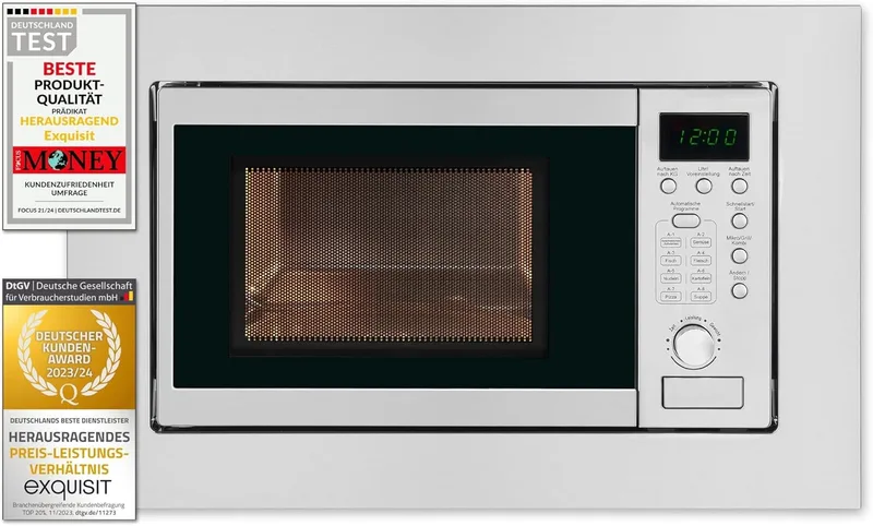 Exquisit ▫️ Micro-ondas de encastrar 20 L, 800 W, grelha de 1000 W, acabamento em aço inoxidável, temporizador digital, luz interior, prato de 24,5 cm, dimensões 35,5 x 46,5 x 34 cm.