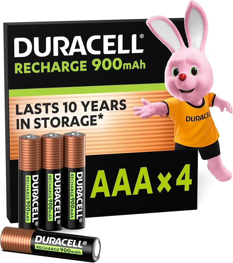 Duracell ▫️ Pilhas recarregáveis AAA (Embalagem de 4), 900 mAh NiMH, pré-carregadas, a nossa pilha recarregável nº 1 para uma vida longa, com 0% de plástico, embalagem 100% reciclável.
