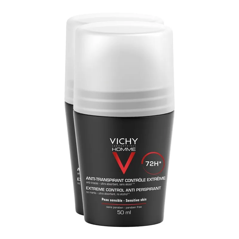 VICHY ▫️ Homme Extreme Control Desodorizante em roll-on para homem, 72 horas de proteção, para peles sensíveis, 2 x 50 ml