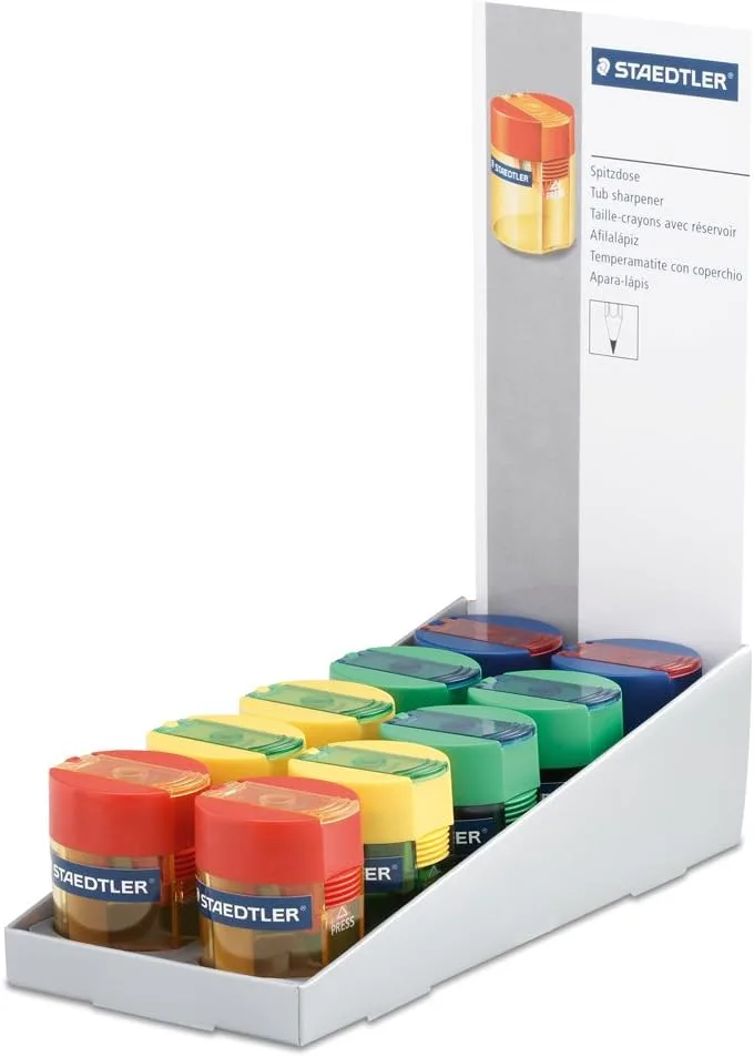 STAEDTLER ▫️ 511 006 - Afia-lápis com depósito transparente em várias cores. Caixa com 10 unidades.