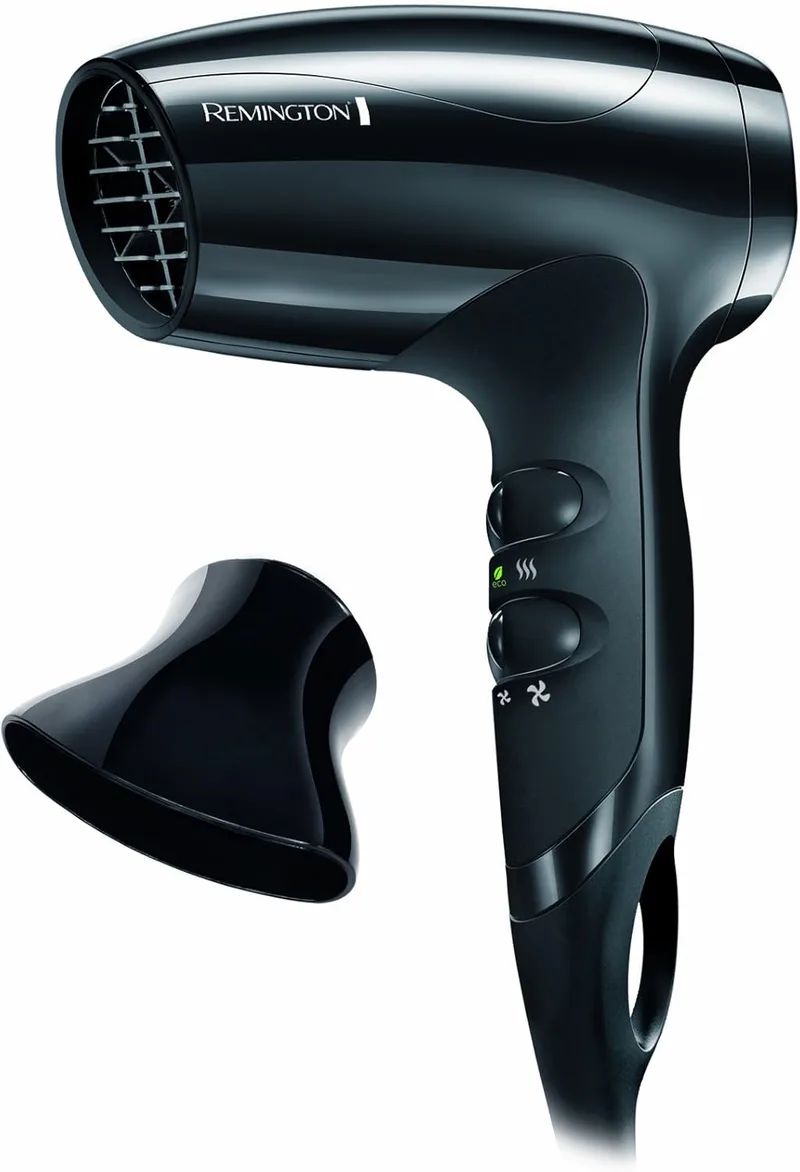 Remington ▫️ Secador de cabelo Pequeno e Compacto, Secador de viagem, 1800 W, bocal concentrador, 3 níveis de temperatura, 2 velocidades, função Eco de poupança de energia, grelha traseira amovível, gancho para pendurar, D5000
