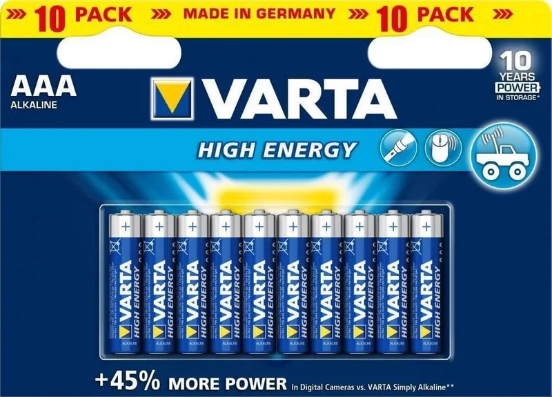 Varta ▫️ Pilhas AAA, embalagem de 10, Longlife Power, alcalinas, 1,5V, para brinquedos, ratos sem fios, lanternas, Fabricado na Alemanha
