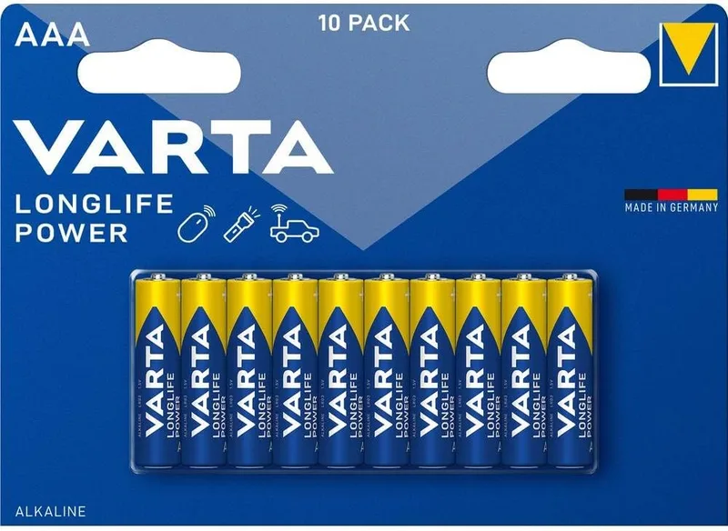 Varta ▫️ Pilhas AAA, embalagem de 10, Longlife Power, alcalinas, 1,5 V, para brinquedos, ratos sem fios, lanternas elétricas, Fabricadas na Alemanha