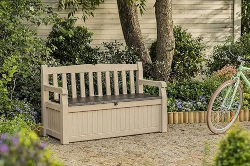 Keter ▫️ Eden - Banco com baú para exterior, baú de arrumação, capacidade de 265 L, resina, cor castanha e bege, arrumação para jardim e terraço, 140 x 60 x 84 cm 2