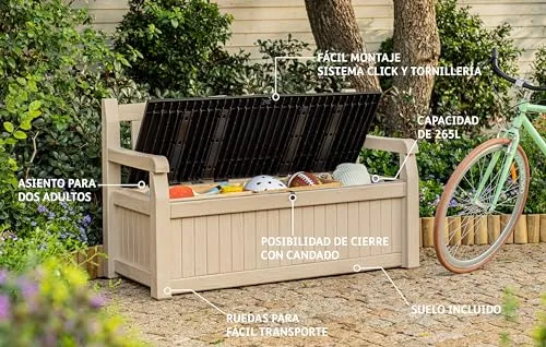 Keter ▫️ Eden - Banco com baú para exterior, baú de arrumação, capacidade de 265 L, resina, cor castanha e bege, arrumação para jardim e terraço, 140 x 60 x 84 cm 4