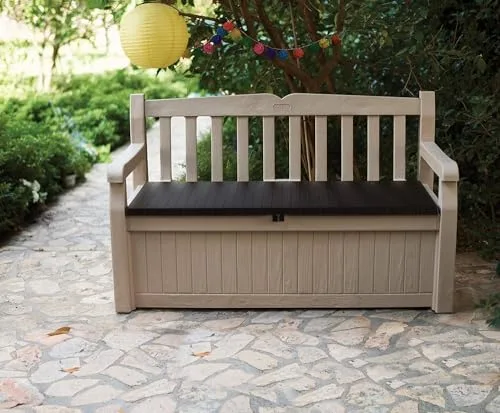 Keter ▫️ Eden - Banco com baú para exterior, baú de arrumação, capacidade de 265 L, resina, cor castanha e bege, arrumação para jardim e terraço, 140 x 60 x 84 cm 7