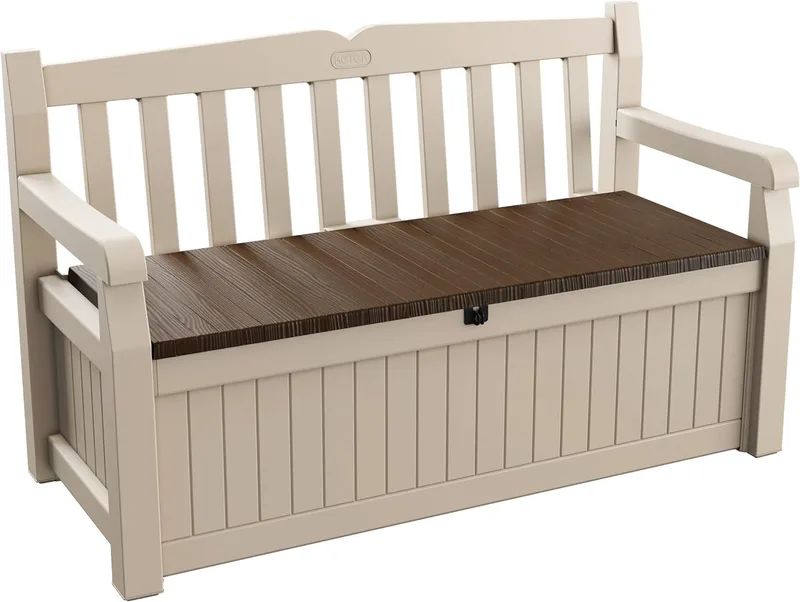 Keter ▫️ Eden - Banco com baú para exterior, baú de arrumação, capacidade de 265 L, resina, cor castanha e bege, arrumação para jardim e terraço, 140 x 60 x 84 cm