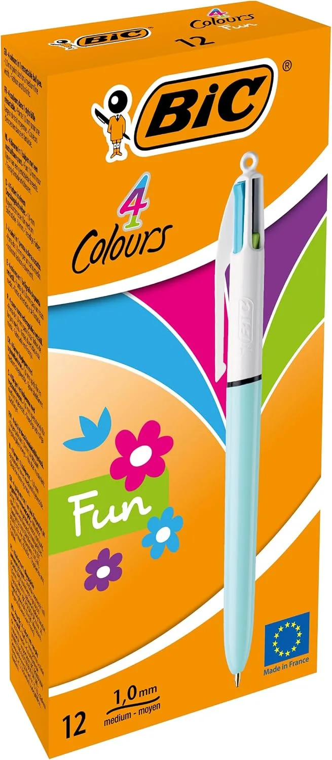 BIC ▫️ 887777 Canetas esferográficas retráteis Fun de 4 cores, ponta média (1,0 mm) – Azul-celeste pastel, caixa de 12 unidades