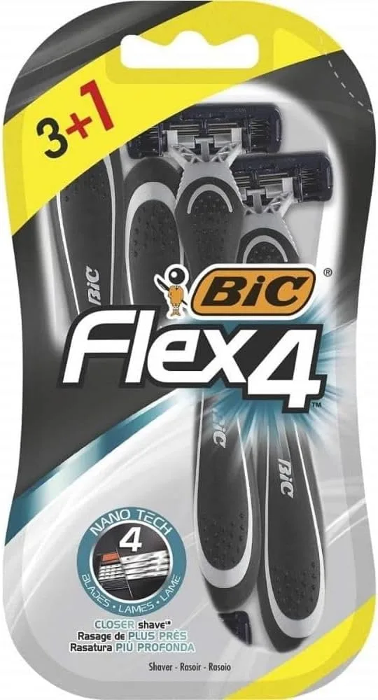 BIC ▫️ Lâminas de barbear descartáveis para homem Flex4, para um barbear rente e rápido, Blister de 3+1 lâminas de barbear, Standard