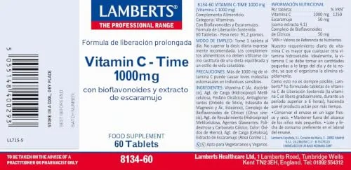 Lamberts ▫️ Vitamina C 1000 mg | Libertação prolongada | 60 comprimidos | Um por dia | Com bioflavonóides e roseira-brava | Qualidade farmacêutica GMP 2