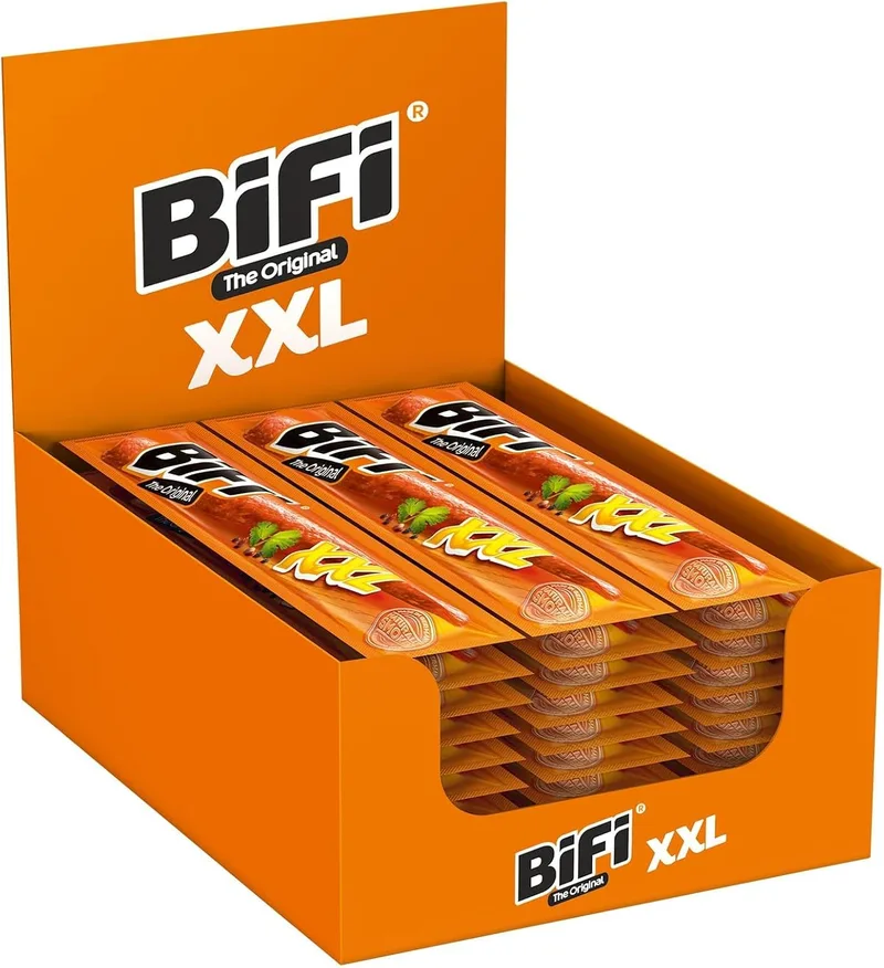 Bifi ▫️ Original XXL Salame em tiras, embalagem de 30, 30 x 40 g, salsicha seca para comer em viagem, exterior, pimenta, coentros e alho, caixa de snacks ideal