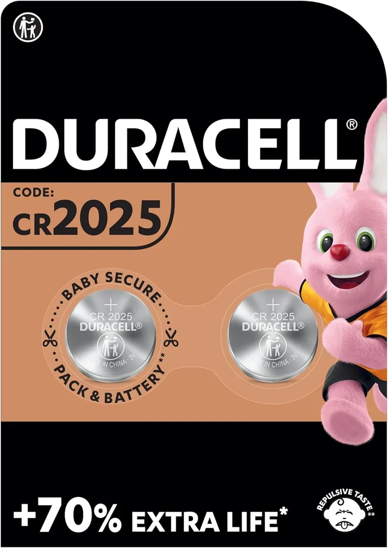 Duracell ▫️ Pilhas tipo botão de lítio 2025 3V (embalagem de 2) - Vida útil até 70% mais longa - Tecnologia Baby Secure - Para chaves de controlo remoto, relógios desportivos e óculos 3D - Embalagem segura
