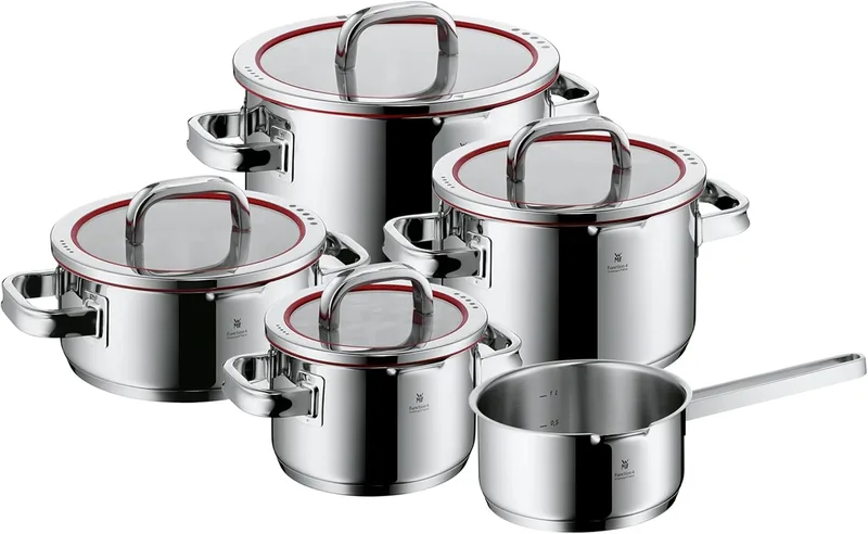 WMF Function 4 - Trem de cozinha de 5 peças, Trem de cozinha de indução em aço inoxidável, 1 caçarola baixa de 20 cm, 3 panelas altas de 16 cm, 20 cm e 24 cm com tampa, 1 caçarola de 16 cm