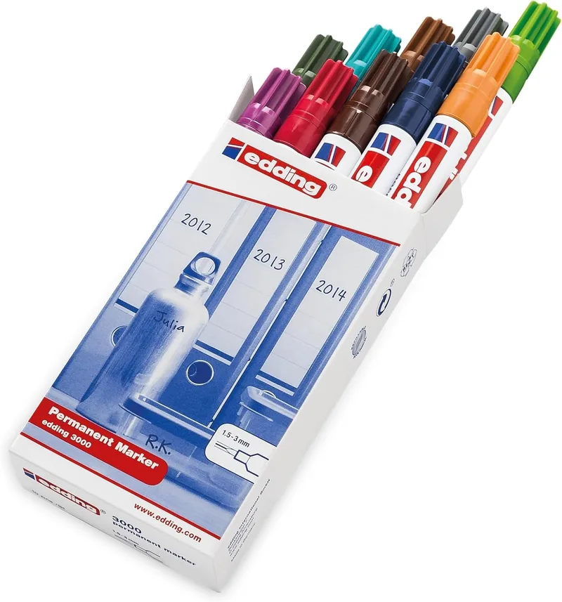 Edding ▫️ marcador permanente 3000 - multicolor - 10 cores - ponta redonda 1,5-3mm - indelével - secagem rápida - resistente à água e às manchas - cartão plástico madeira metal tecido - universal