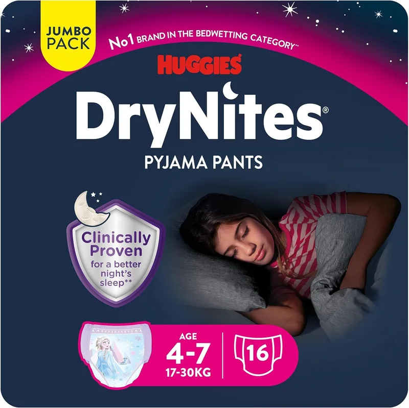 HUGGIES ▫️ Fraldas de Noite DryNites para Raparigas 4-7 (17-30 kg), Clinicamente Testadas com 5 Camadas de Máxima Proteção Nocturna, 16 Cuecas Absorventes