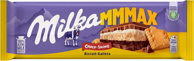 Milka ▫️ MMMAX Choco Swing Tablete grande de chocolate de leite alpino com biscoito, creme de leite e recheio de creme de cacau 300g