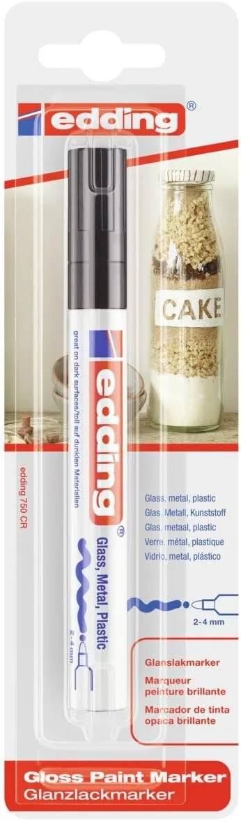 Edding ▫️ 750/1-01 - Blister com 1 marcador de tinta opaca brilhante - Ponta redonda de 2-4 mm - Preto