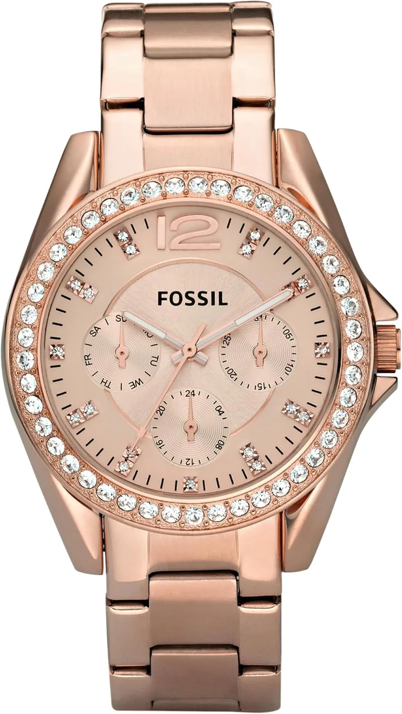 Fossil ▫️ Relógio Riley para mulher, mecanismo de cronógrafo com bracelete em aço ou pele
