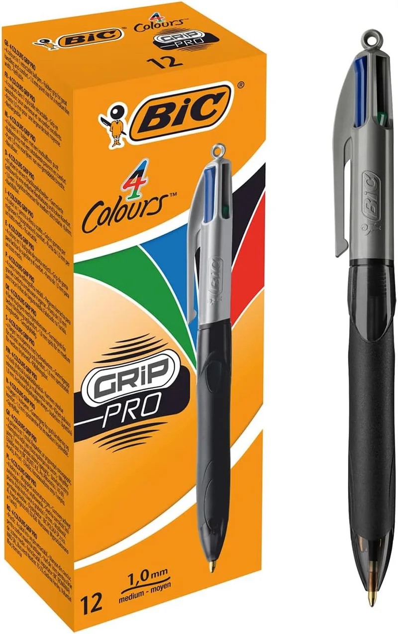 BIC ▫️ Grip Pro 4 Cores, Canetas esferográficas com zona de preensão, ideais para o escritório, a escola e a casa, azul, preto, vermelho, verde, embalagem de 12 unidades
