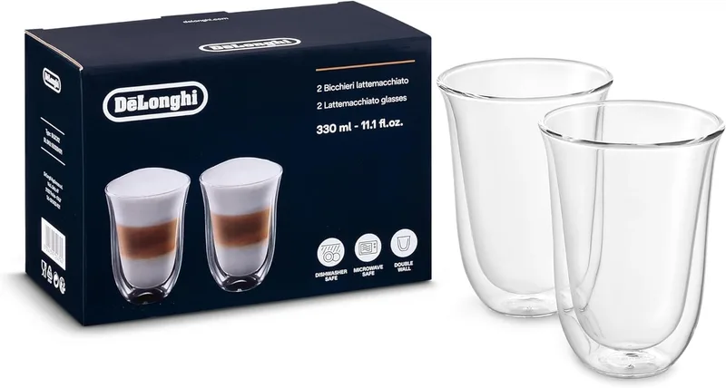 De'Longhi ▫️ Conjunto de 2 copos premium para café latte macchiato, adequados para a máquina de lavar louça, com parede dupla de vidro temperado, transparentes, 330 ml