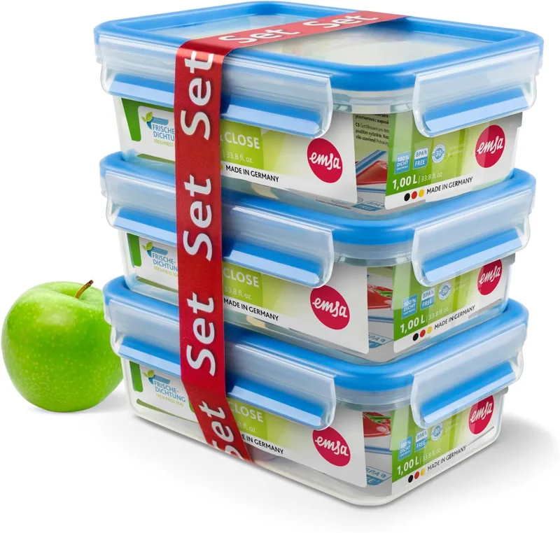 Emsa ▫️ Clip&Close - Conjunto de 3 conservas herméticas de plástico rectangulares 1 L (18,8 x 5,8 x 11,9 cm), higiénicas, não retêm odores e sabores, certificadas "Baby care", transparentes e azuis.