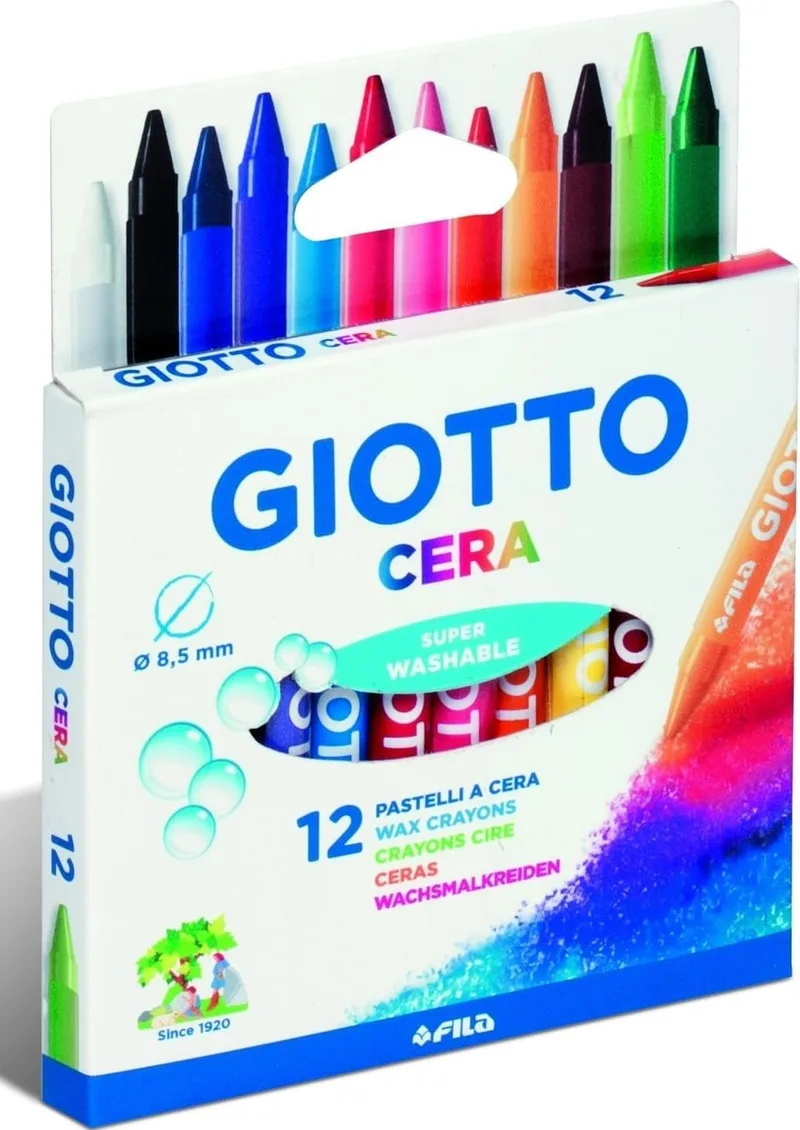 Giotto ▫️ Cera, Giz de cera lavável, diâmetro 8,5 mm, cores variadas, 12 unidades