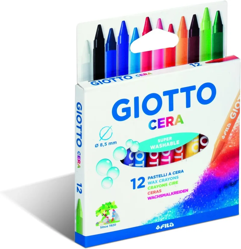 Giotto ▫️ Cera, Giz de cera lavável, Diâmetro 8,5 mm, Cores variadas, 12 unidades