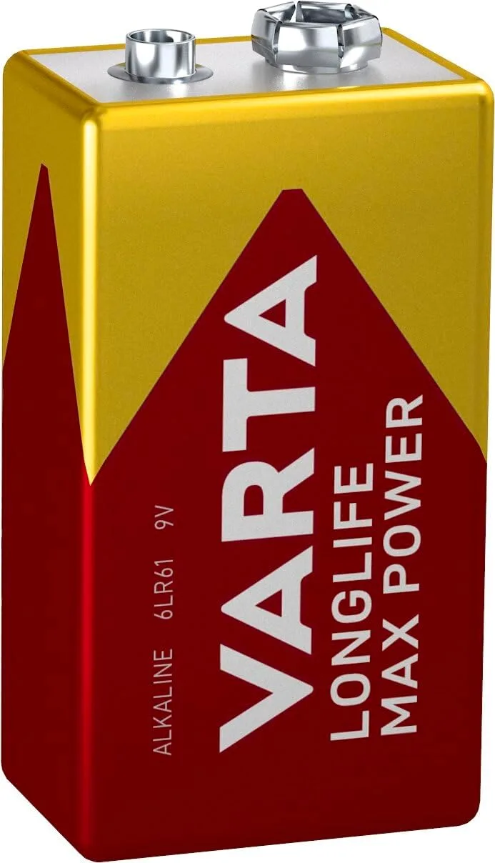 Varta ▫️ Pilhas 9V, embalagem de 1, Longlife Max Power, alcalinas, para detectores de incêndio, detectores de fumo, microfones, etc.