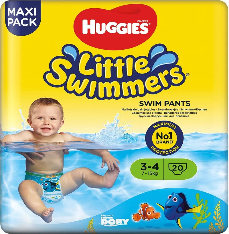 HUGGIES ▫️ Little Swimmers – Fraldas de banho para bebés, tamanho (3-4), barreiras anti-fugas para máxima proteção na água, 20 fraldas descartáveis