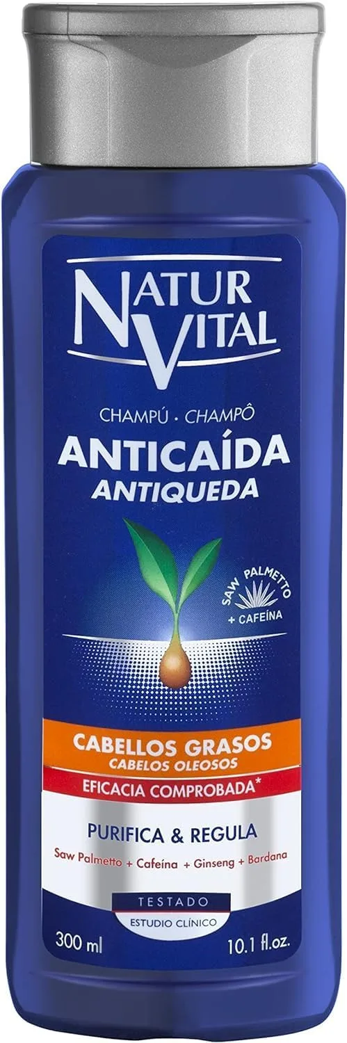 NaturVital ▫️ Champô Anticaída para Cabelo Oleoso, Sem Parabenos nem Silicones, Previne a Queda de Cabelo, Champô Natural Fortificante, para Homens e Mulheres, 300 ml
