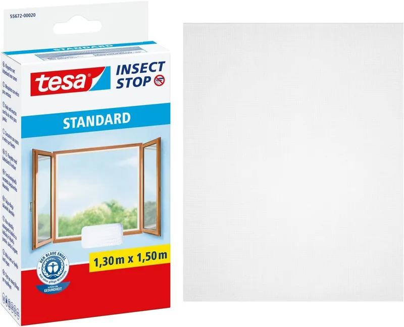 tesa ▫️ Insect Stop STANDARD Window Screen, Tela Auto-adesiva contra Insectos, Cortada à medida, Branca, 130 cm x 150 cm
