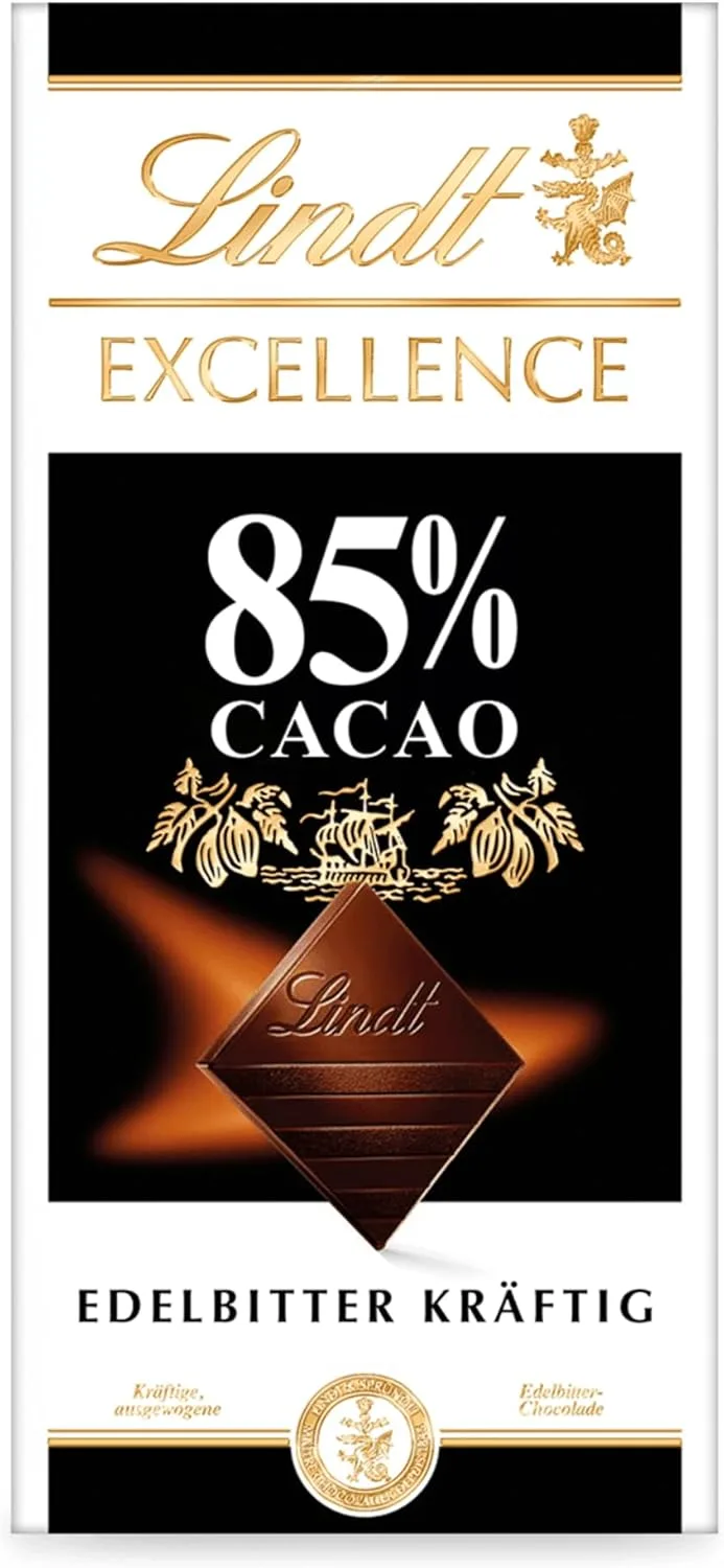 Lindt Chocolate EXCELLENCE 85%, barra de chocolate puro, chocolate preto aromático, extra fino, intenso e equilibrado.