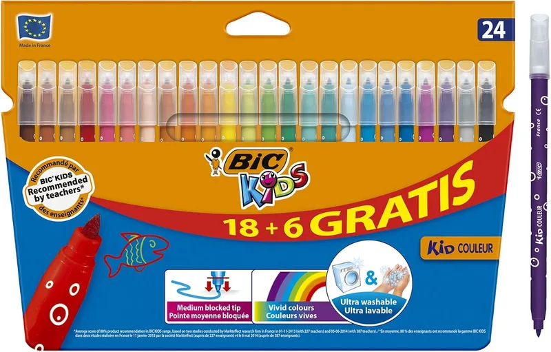 BIC Kids ▫️ Canetas de marcação laváveis para crianças, ideais para material escolar e de escritório, Kid Couleur, ponta média, cores vivas, caixa com 24 canetas