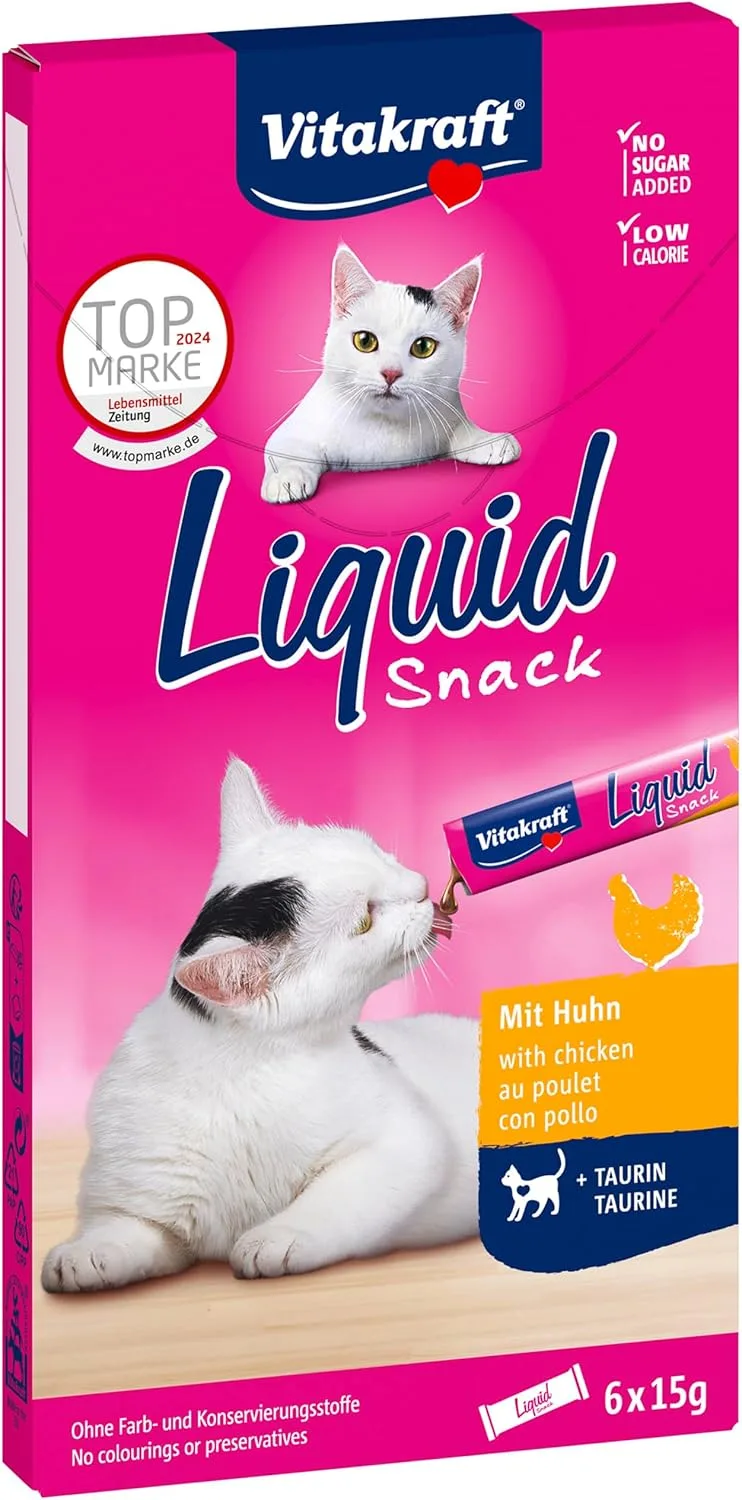 Vitakraft ▫️ Liquid Snack, guloseima para gatos, snack cremoso para gatos, com frango e taurina, em saquetas individuais, amigo dos olhos e do coração (1 embalagem de 6x 15g)