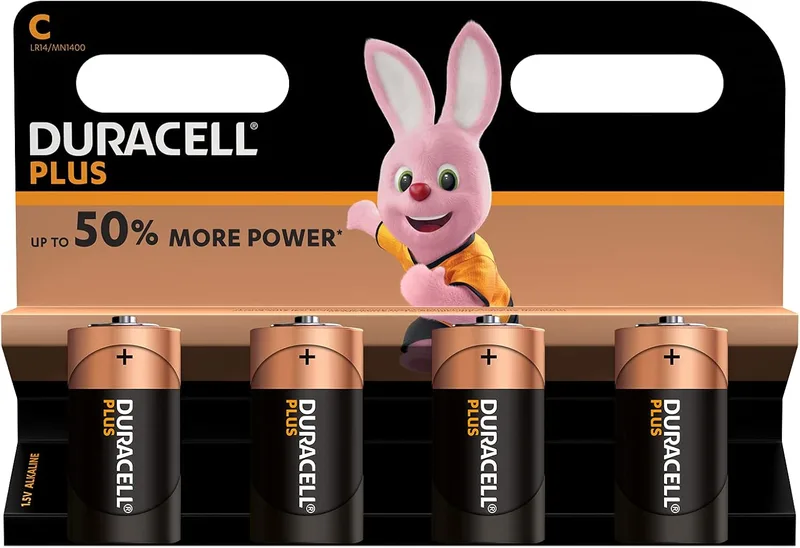 Duracell ▫️ Plus C, Pilhas alcalinas (embalagem de 4) | Duração 100% garantida - Para dispositivos do dia a dia - Brinquedos, lanternas e rádios - 10 anos de armazenamento