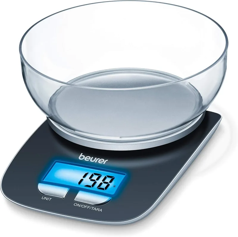 Beurer ▫️ KS 25 Balança de cozinha com taça transparente, função de tara automática, 3 kg/1 gr, ecrã LCD azul (6,6 x 2,8 cm), altura do ecrã 2,2 cm, cor preto prateado